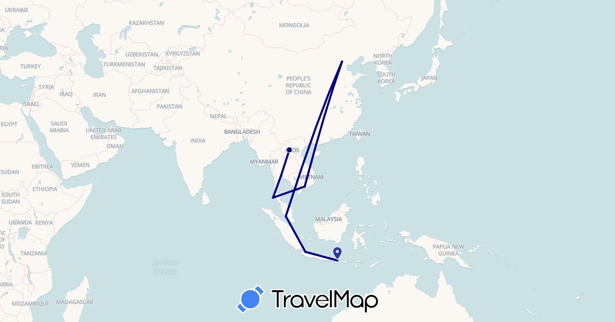TravelMap itinerary: driving in China, Indonesia, Laos, Malaysia, Thailand, Vietnam (Asia)